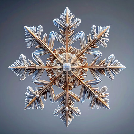 A stunning macro photograph captures the breathtaking complexity and perfect symmetry of a single ice crystal.の素材