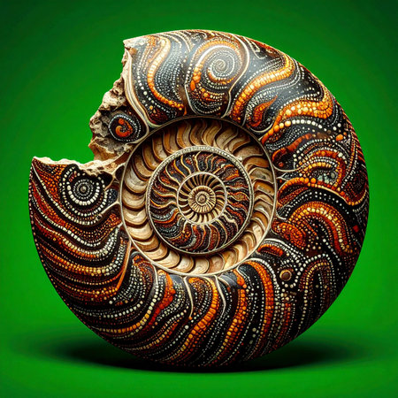 A relic from the deep past, this ammonite fossil is reborn through intricate, hand-painted details.の素材