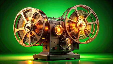 A classic film projector stands ready, its golden reels gleaming against a vibrant green glow.の素材