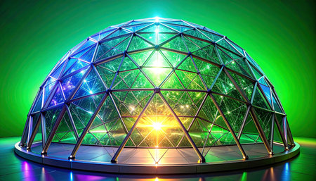 A geodesic dome glows with vibrant, colorful energy, symbolizing a hub of future technology and innovation.の素材