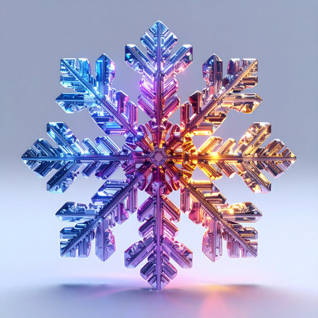 A single, perfectly symmetrical snowflake captured in stunning detail. Its crystalline structure refracts light, creating a vibrant, iridescent glow that shifts from cool blues to warm oranges.の素材