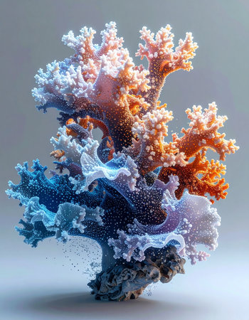 A stunningly detailed coral structure emerges, its intricate branches transitioning from a cool, deep blue to a warm, vibrant orange.の素材