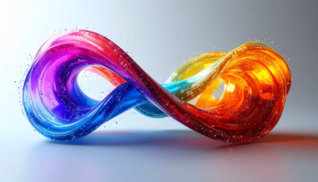 A luminous, iridescent sculpture twists into an endless infinity loop, its glass-like surface glowing with a vibrant rainbow spectrum.の素材