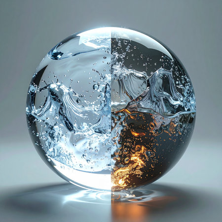 A crystal sphere holds the world's fate, perfectly divided between pristine, clear water and dark, polluted liquid.の素材