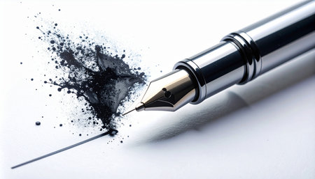 A classic fountain pen experiences a catastrophic failure, with black ink exploding across a clean white page.の素材