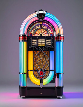 A classic jukebox stands ready for the next song, its vibrant rainbow neon lights casting a nostalgic glow.の素材