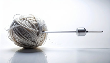 A sharp, metallic sailmaker's needle pierces the center of a tightly wound ball of natural twine.の素材