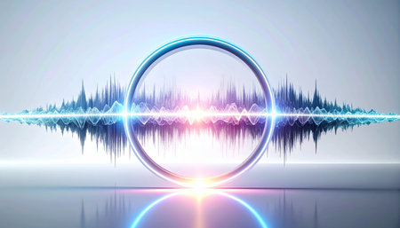 A vibrant digital sound wave pulses through a luminous circular portal, creating a stunning visual representation of audio energy and futuristic communication.の素材