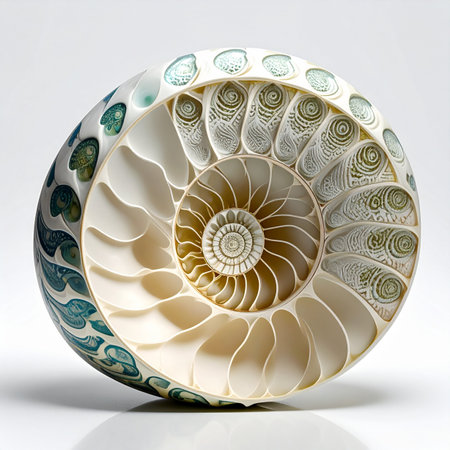 A stunning cross-section of an ancient nautilus shell reveals its perfect logarithmic spiral, a testament to nature's mathematical precision.の素材