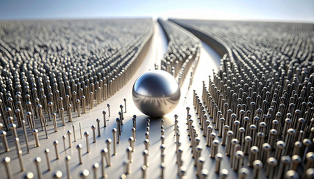 A single metallic sphere demonstrates immense power and determination as it carves a clear path forward through a dense, seemingly endless field of sharp nails.の素材