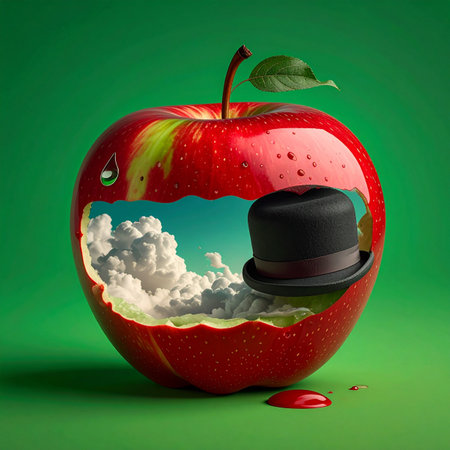 A surrealist vision where a crisp red apple reveals a hidden world.の素材