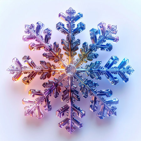 Like a tiny jewel from a winter fairy tale, this single snowflake glimmers with a magical, iridescent light.の素材