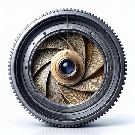 A revealing look into the heart of photography, this image splits a camera lens to contrast its sleek, modern exterior with the intricate, precise mechanics of its internal aperture blades.の素材