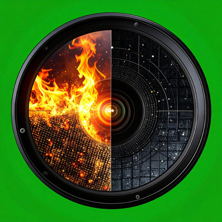 A futuristic display shows a system in critical overload. On one side, raging fire symbolizes catastrophic failure and chaos, while the other side shows the cool, orderly data of the failing grid.の素材