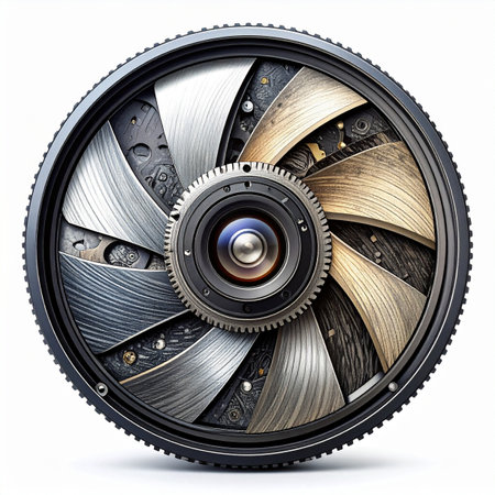 A detailed view of a complex industrial mechanism, showcasing the intricate interplay of gears and brushed metal blades.の素材