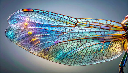 A stunning macro photograph capturing the intricate and ethereal beauty of a dragonfly's wing.の素材