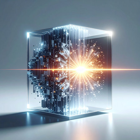 A powerful quantum core, contained within a transparent cube, unleashes a brilliant burst of energy.の素材