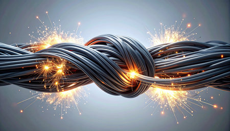 A bundle of electrical cables is tied in a tight, intricate knot, glowing with energy as sparks fly.の素材