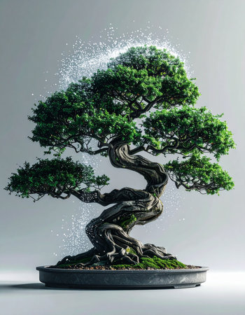 An ancient bonsai tree, a symbol of patience and nature, undergoes a surreal transformation.の素材
