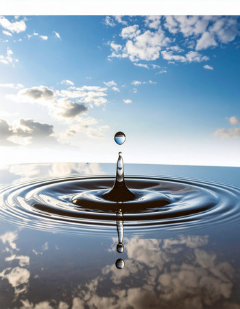 A single, perfect droplet of water falls into a tranquil pool, creating a cascade of concentric ripples that radiate outwards.の素材