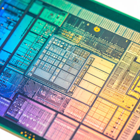 A macro photograph reveals the intricate, iridescent landscape of a silicon chip.の素材
