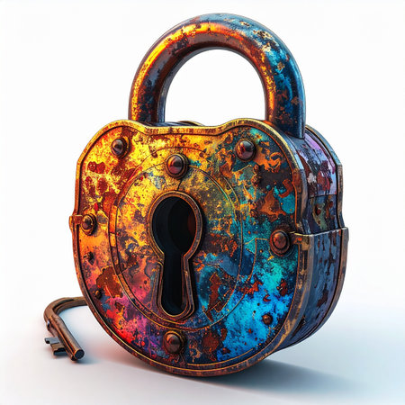 An old, ornate padlock, covered in a vibrant and colorful patina of rust, sits unlocked with its key beside it.の素材