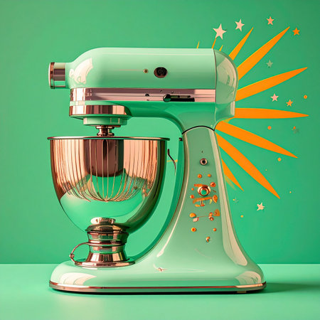 A vibrant, mint green stand mixer bursts with creative energy against a solid background.の素材
