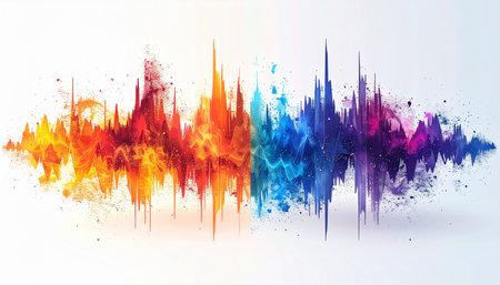 An explosive burst of sound visualized as a dynamic watercolor waveform.の素材