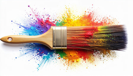 A single paintbrush unleashes a vibrant explosion of rainbow-colored powder, symbolizing a burst of creative energy and unbridled imagination.の素材