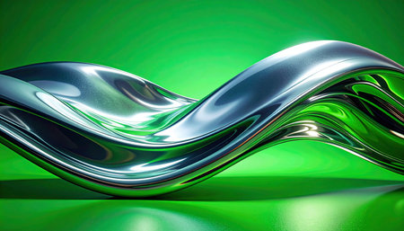A wave of liquid chrome flows with dynamic grace across a vibrant green landscape.の素材