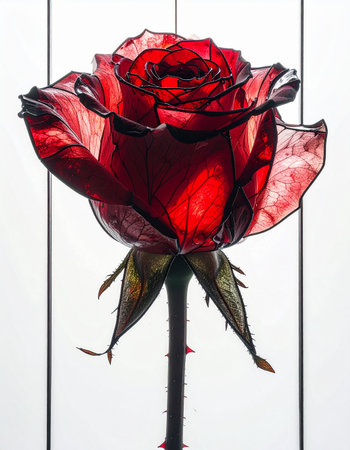 Sunlight streams through the delicate, paper-thin petals of a single red rose, creating a stunning stained-glass effect.の素材