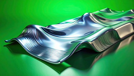 A sleek, undulating metallic surface flows like liquid silver across a vibrant green backdrop.の素材