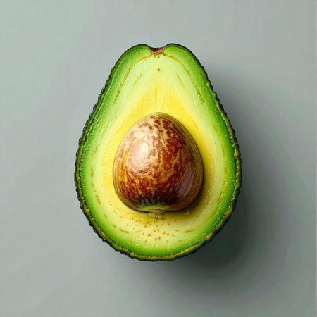 A perfectly ripe avocado, sliced in half, rests on a clean, minimalist surface.の素材