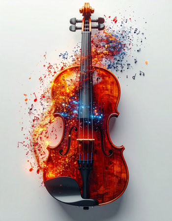 The soul of the violin is unleashed in an explosion of artistic energy. Fiery reds and cool blues erupt with musical notes, visualizing the intense passion and emotion behind a powerful melody.の素材