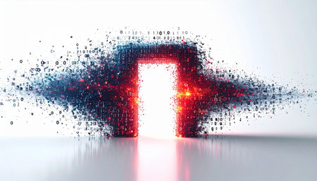 A luminous portal of red and white light bursts through a wall of disintegrating digital blocks.の素材