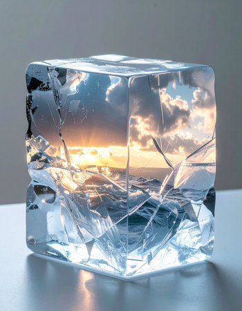 A beautiful, warm sunset over the ocean is captured and preserved within the cold, crystalline structure of a single ice cube.の素材