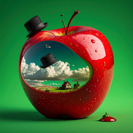 Step into a world of imagination where a simple red apple becomes a portal to another dimension.の素材