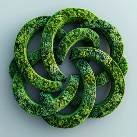An ancient Celtic knot, a symbol of eternity and interconnectedness, is brought to life with a vibrant texture of lush green moss.の素材
