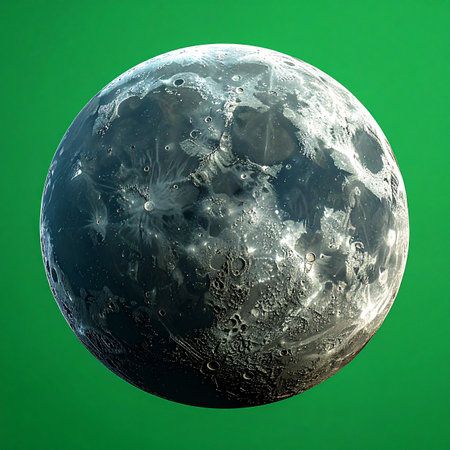 A highly detailed view of the lunar surface, complete with craters and seas, floats against a vibrant green screen.の素材