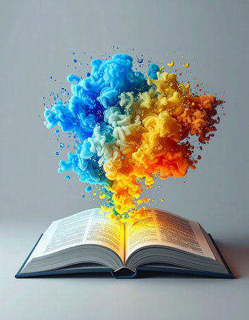 An open book lies on a simple surface, but from its pages, a brilliant explosion of colorful energy erupts.の素材