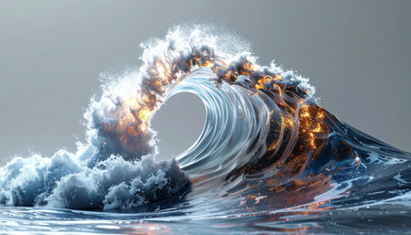 A colossal wave, born from the impossible union of fire and water, curls in a display of raw elemental power.の素材