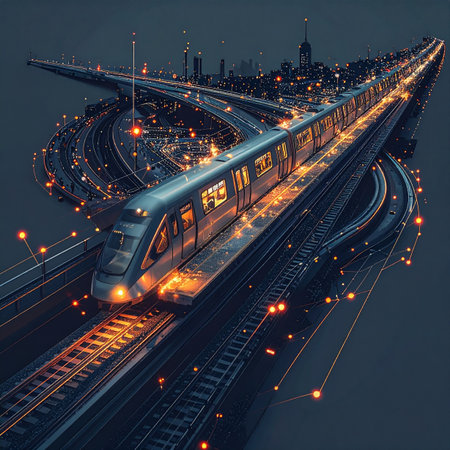 A high-speed train glides through a futuristic metropolis at night, its path illuminated by a network of glowing lights.の素材