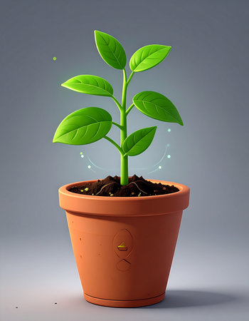A single, vibrant green sapling emerges from rich soil in a classic terracotta pot.の素材