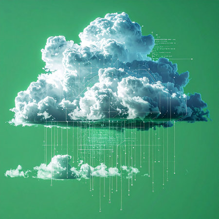 A conceptual illustration of cloud computing where a digital cloud rains down streams of data.の素材