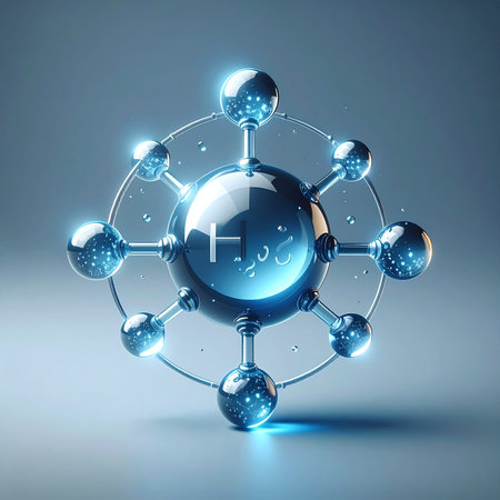 A luminous, crystalline model of an H2O molecule glows against a serene blue background.の素材