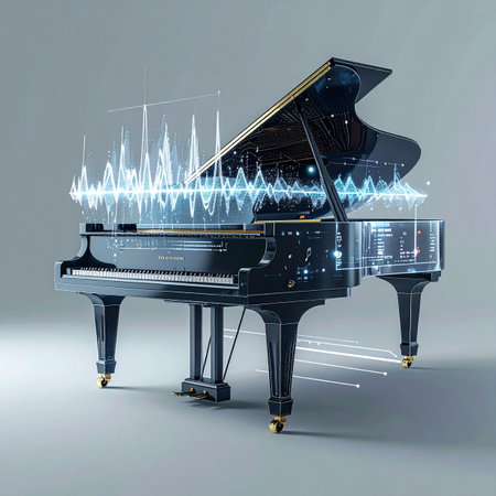 A classic grand piano transforms into a modern marvel as a luminous digital soundwave visualizes its powerful melody.の素材