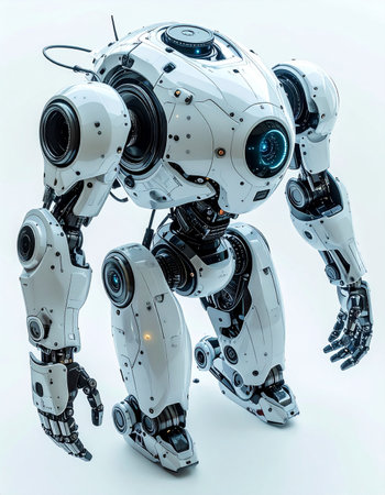 A powerful, heavy-duty bipedal robot stands ready for its next mission.の素材