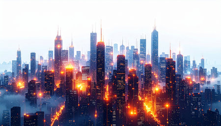 A sprawling metropolis hums with life as a luminous energy grid connects every skyscraper.の素材