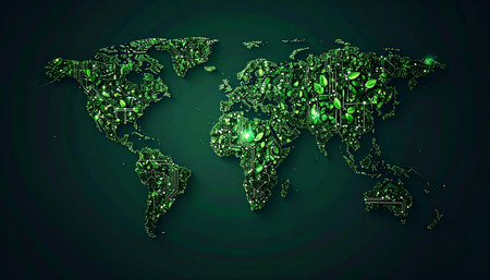 A glowing green circuit board forms the continents, symbolizing a world unified by sustainable technology and the seamless flow of digital information.の素材
