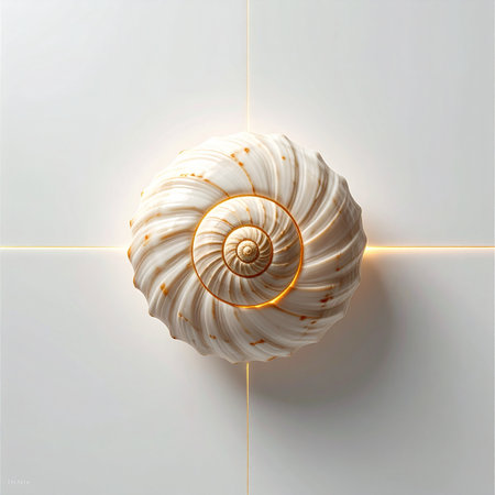 A perfect spiral seashell rests on a pristine white surface, its natural form radiating a mysterious and warm golden light from its core.の素材